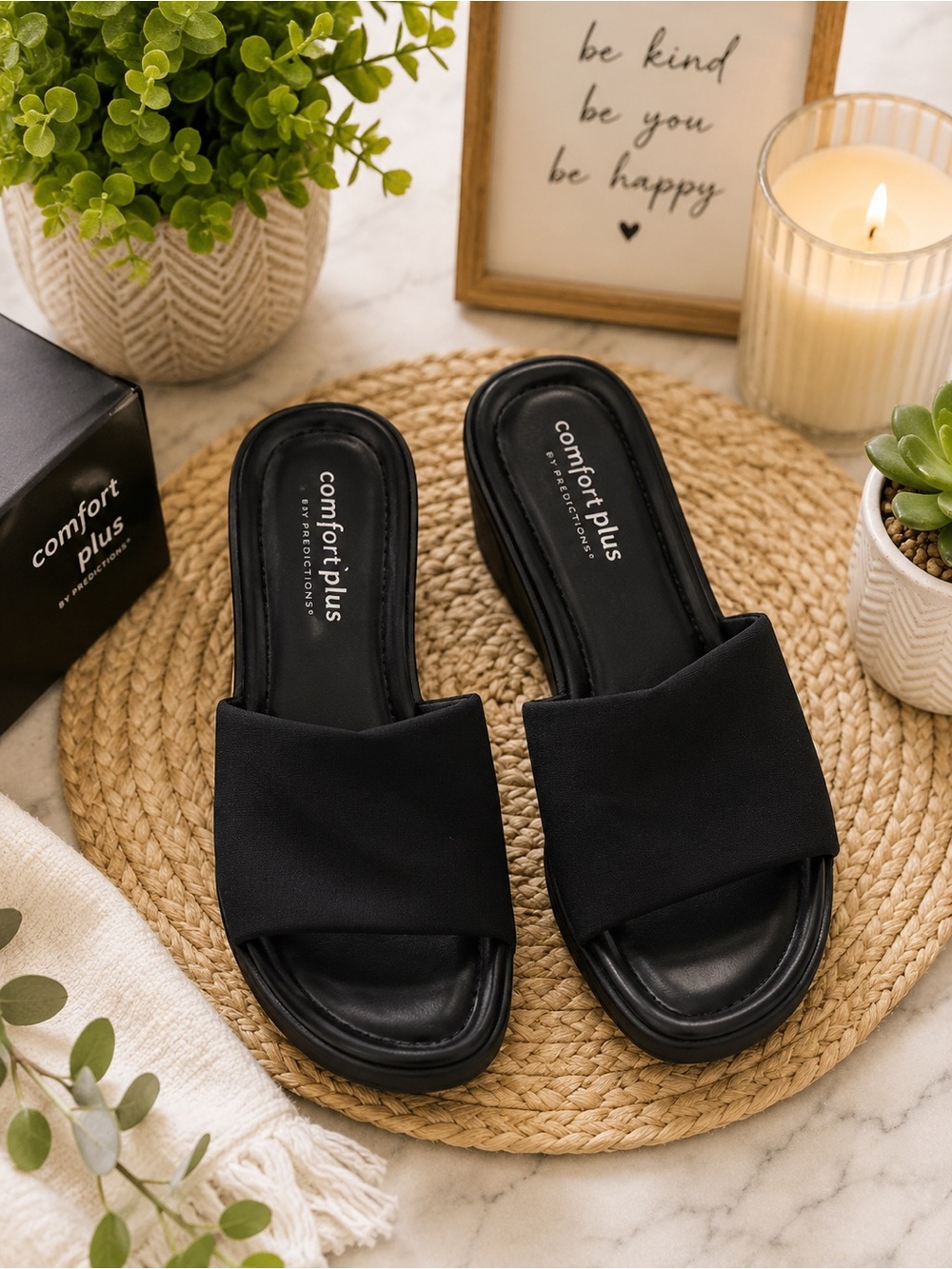 Comfort Plus by Predictions Black Stretch Slide Wedge Sandals Women's Size 10W Y